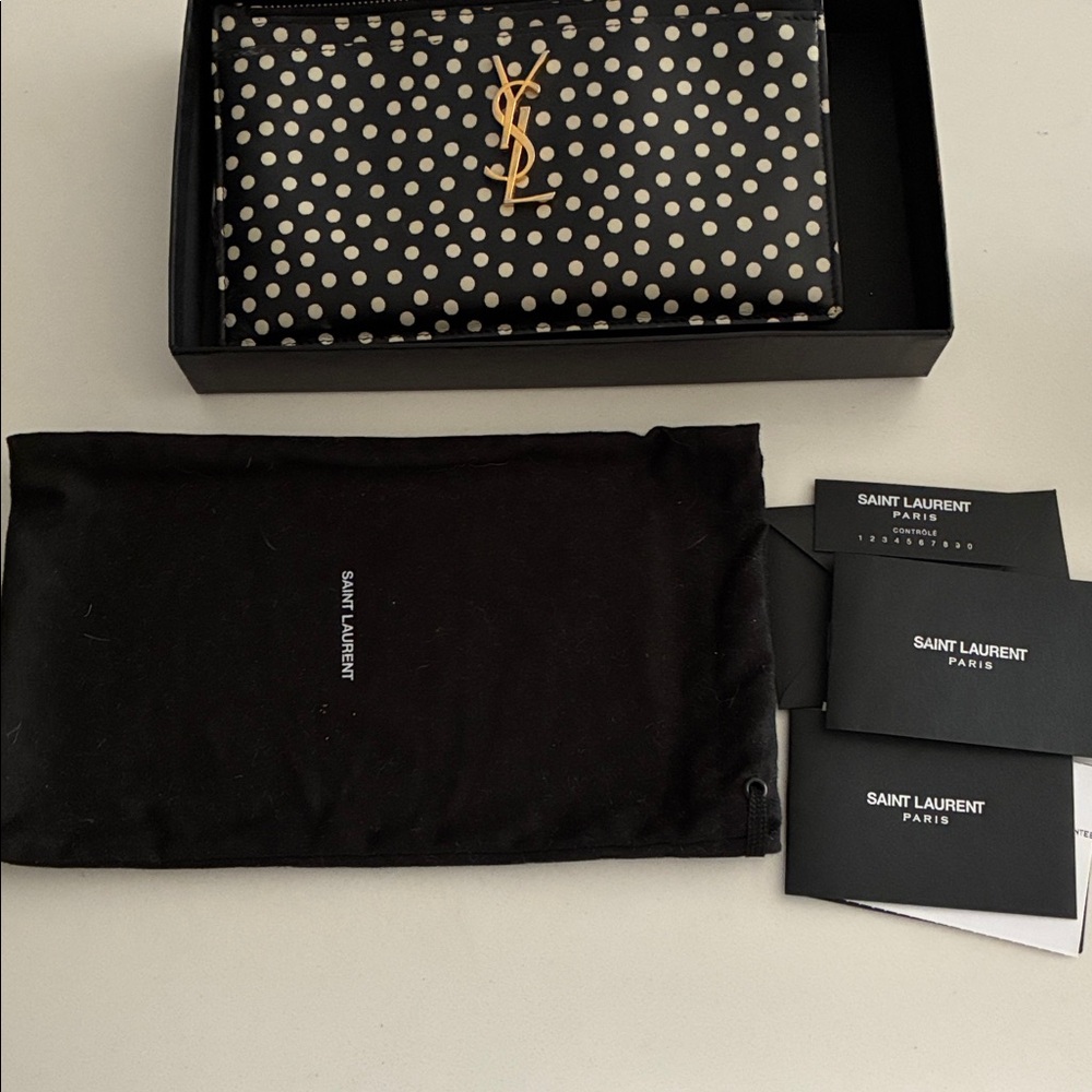 Saint Laurent Black and White Polka Dot Clutch